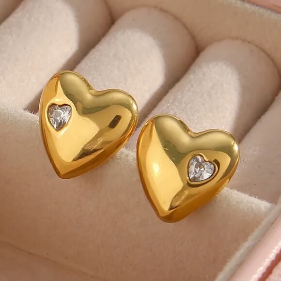 Heart Stud Earrings with Embedded Zircon 18K Gold Plated Stainless Steel - Picture 1 of 9